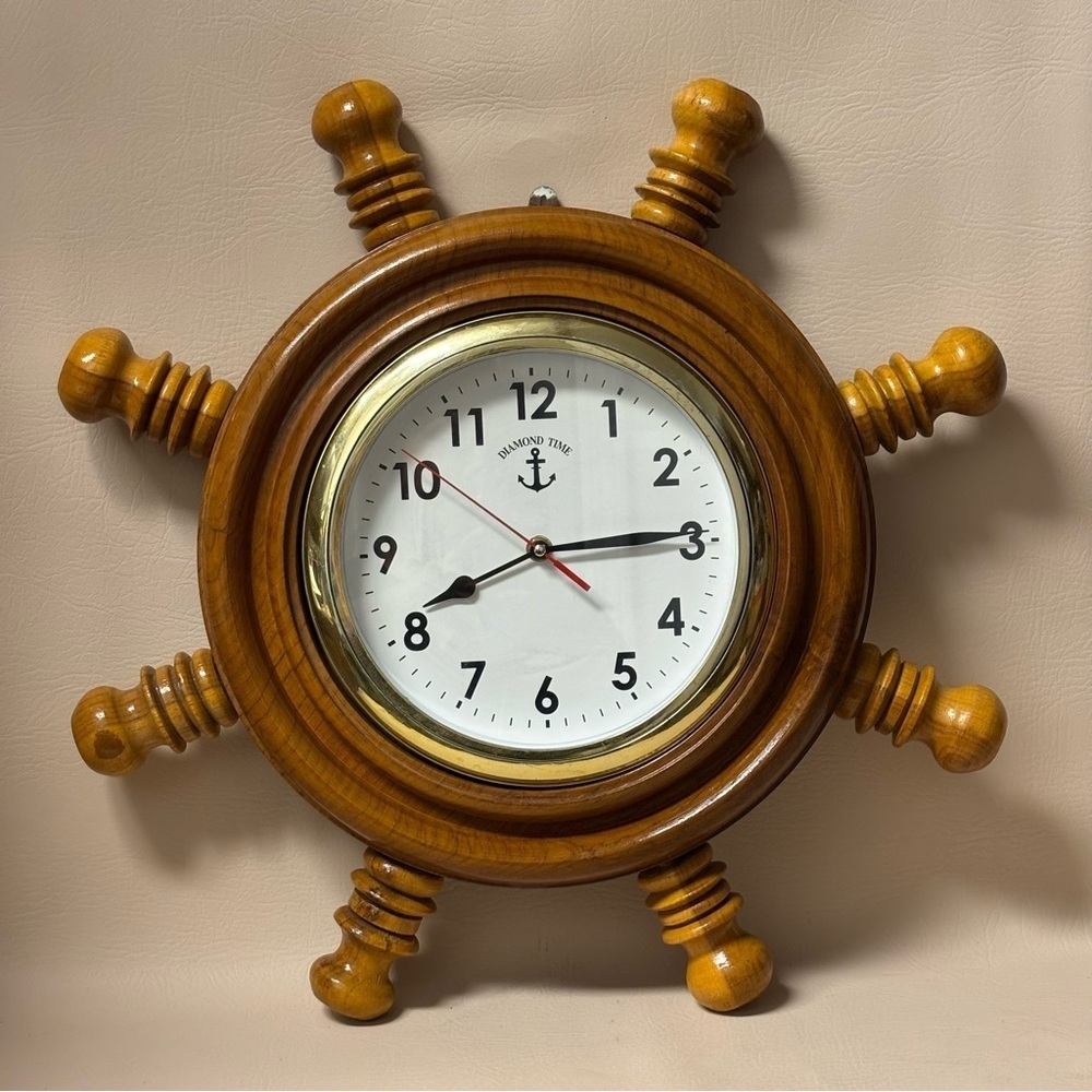 Vintage Diamond Time  Captain's Ship
Wooden Wheel Clock 19.5”